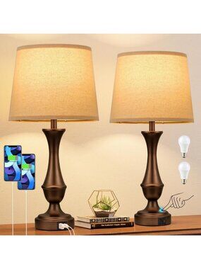 Dimmable Touch Lamps for Bedroom & Living Room | USB Charging Ports, Bulb